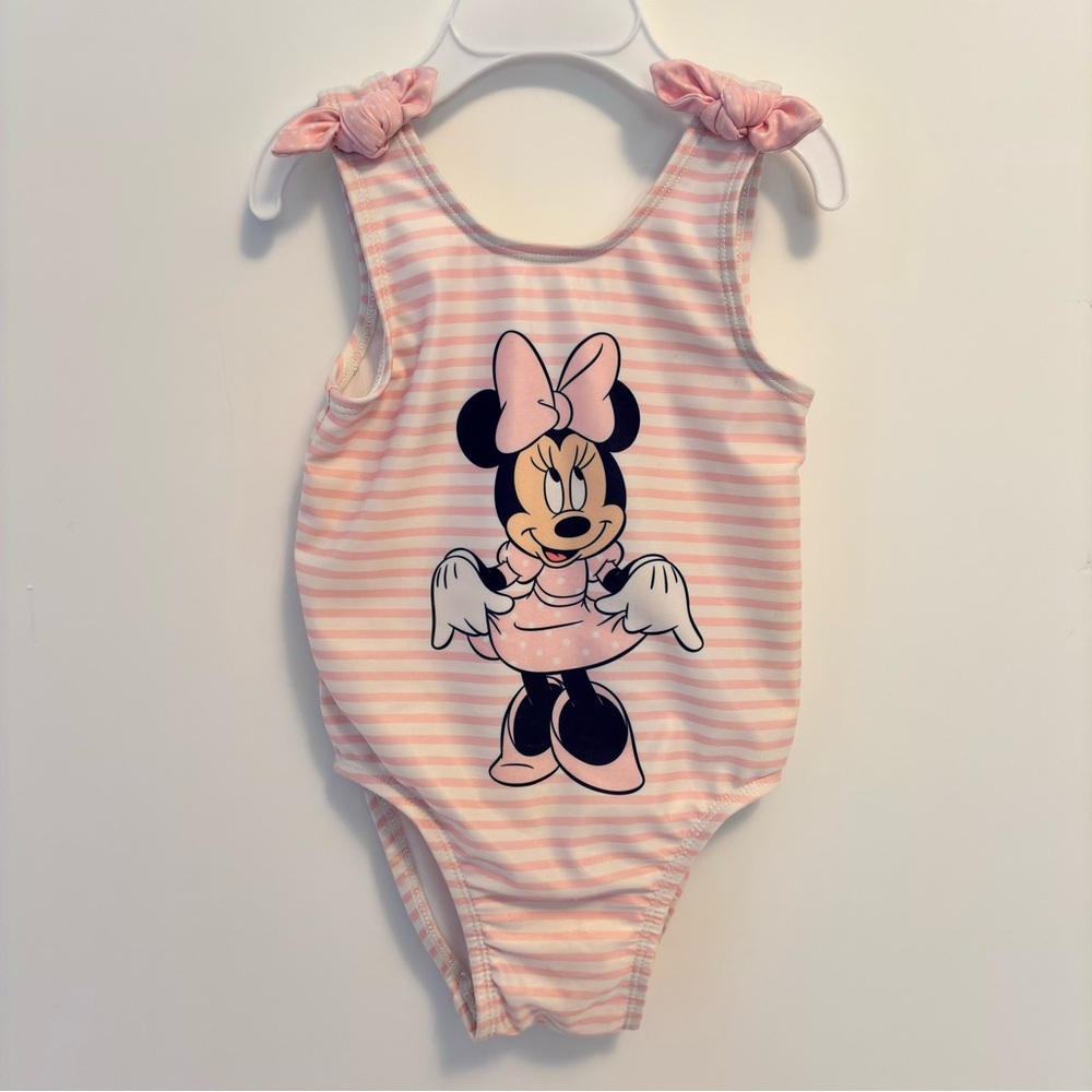 Disney Junior Minnie Mouse One-Piece Swimsuit Pink White Stripe Size 2T